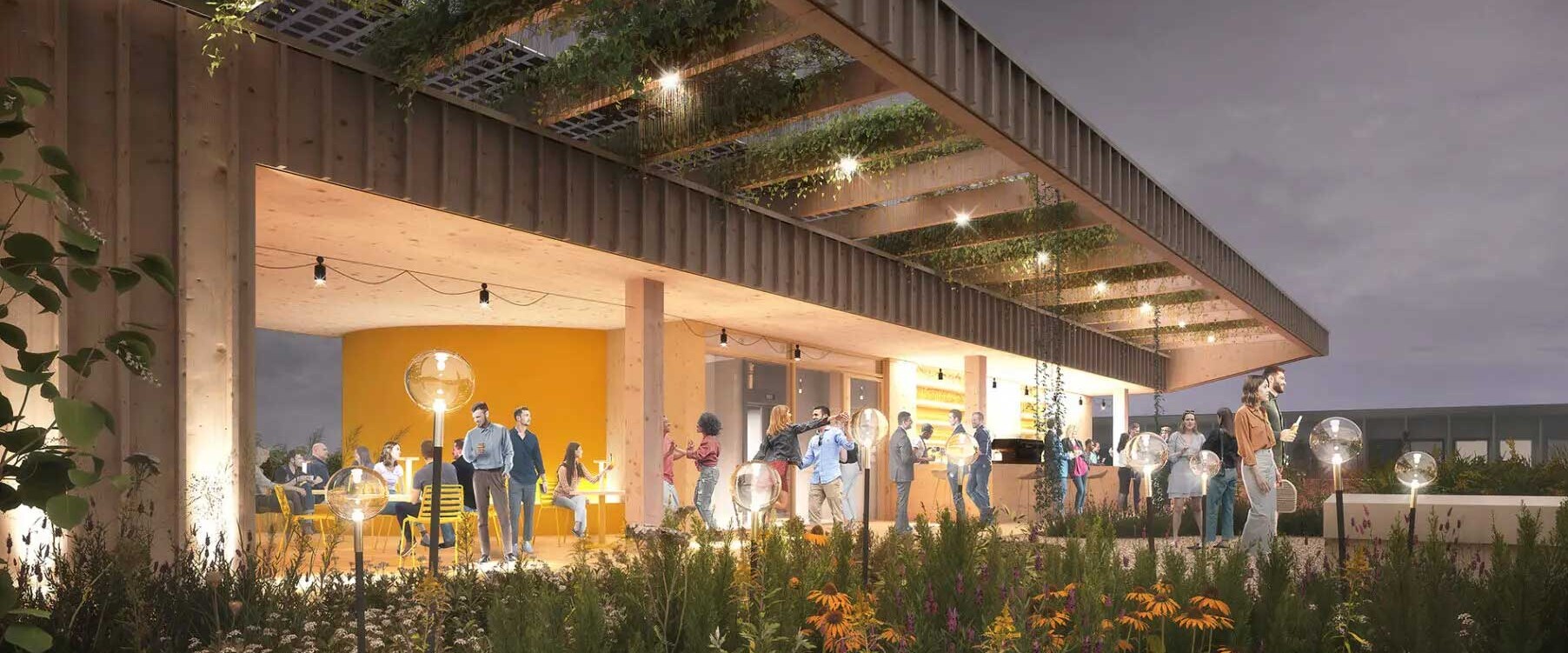 Visualisierung der Dachterrasse des HdT bei Mondschein. Blumenbeete und Begrünung der Pagode, die über die gesamte Breite der Terrasse geht, indirektes Licht. Personen sitzen an Tischen, tanzen oder bestellen etwas an der Bar.